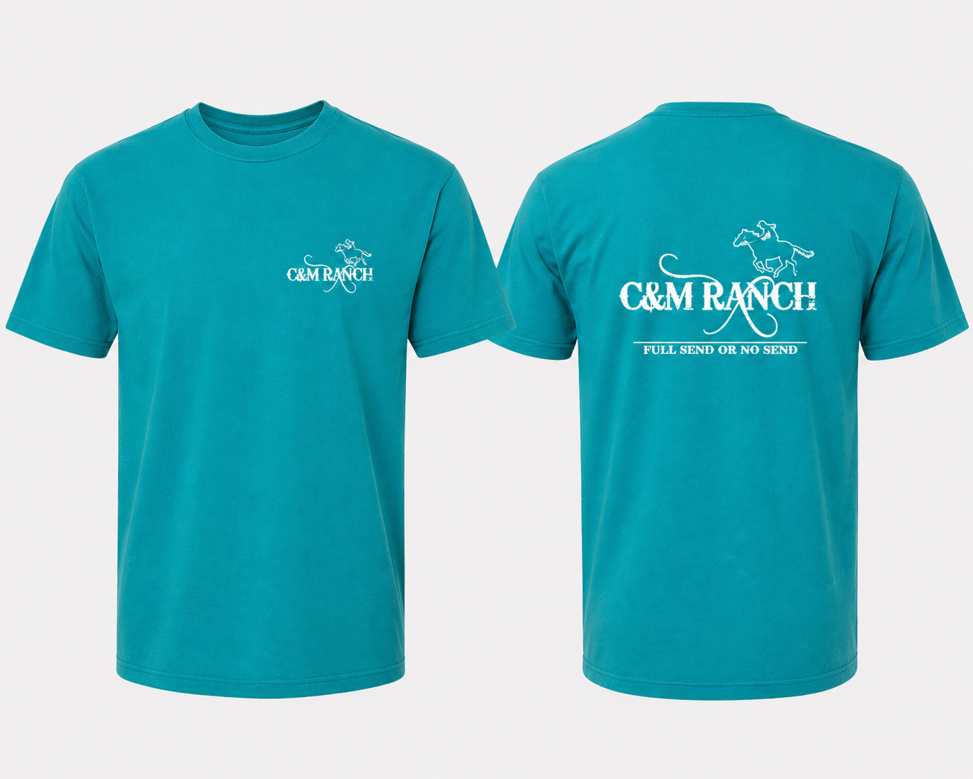 C&M Ranch Teal T-Shirt – White Logo Front & Back Graphic