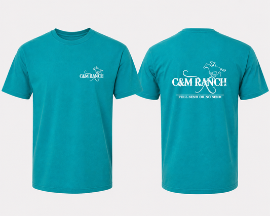 C&M Ranch Teal T-Shirt – White Logo Front & Back Graphic