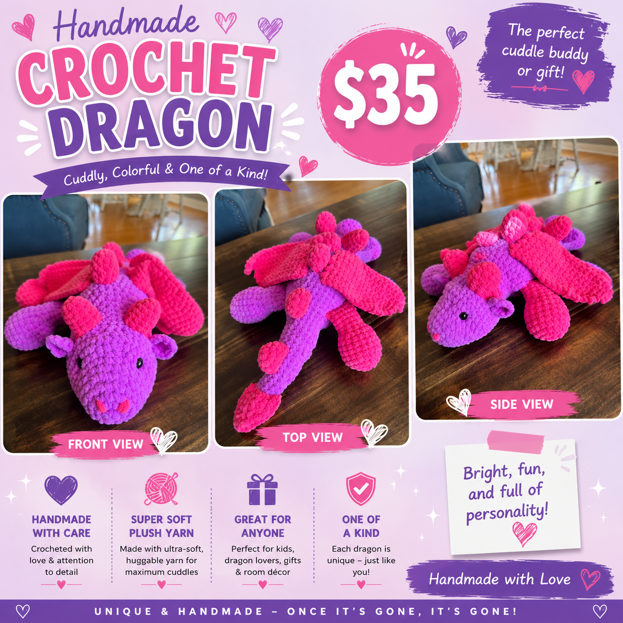 Handmade Crochet Dragon Plush – Soft Velvet Stuffed Dragon Toy – Cuddly Fantasy Gift for Kids & Dragon Lovers