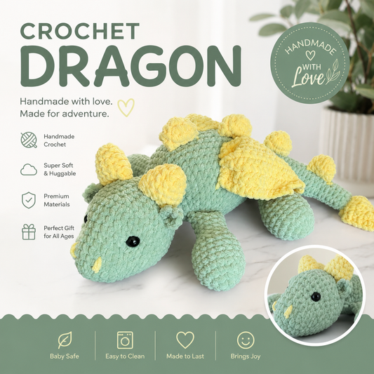 Handmade Crochet Dragon Plush – Soft Velvet Stuffed Dragon Toy – Cuddly Fantasy Gift for Kids & Dragon Lovers
