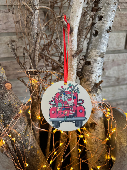 Festive Moose in Red Truck Christmas Ornament 🦌🎄