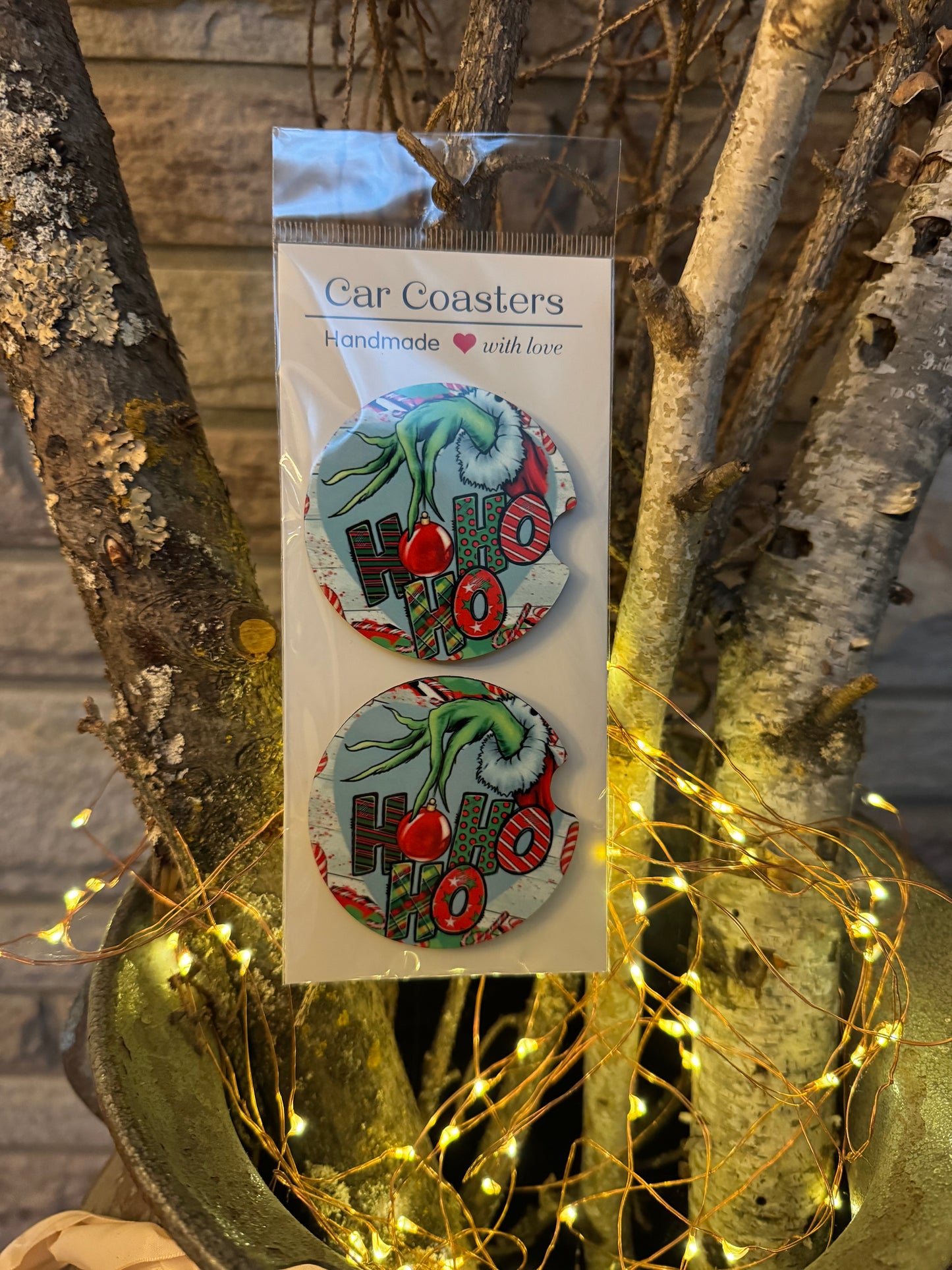 Grinchy “Ho Ho Ho” Christmas Car Coasters – Set of 2