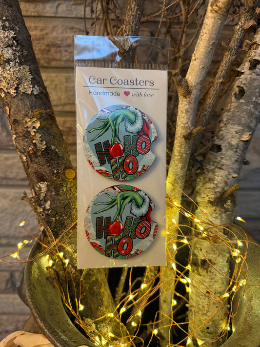 Grinchy “Ho Ho Ho” Christmas Car Coasters – Set of 2