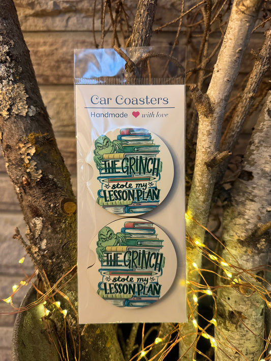 “The Grinch Stole My Lesson Plan” – Teacher Car Coasters (Set of 2)