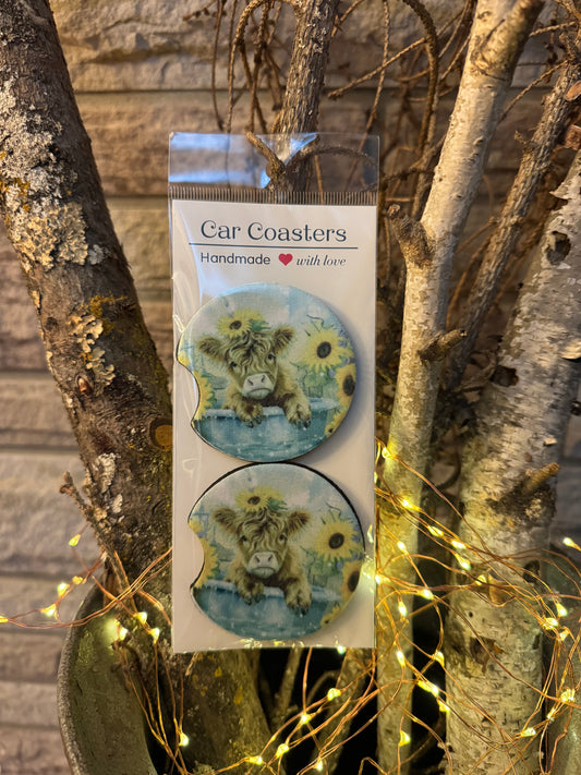 Highland Cow Car Coasters – Handmade with Love 🚗🐮