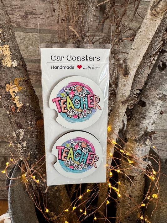 Colorful “Teacher” Car Coasters – Set of 2