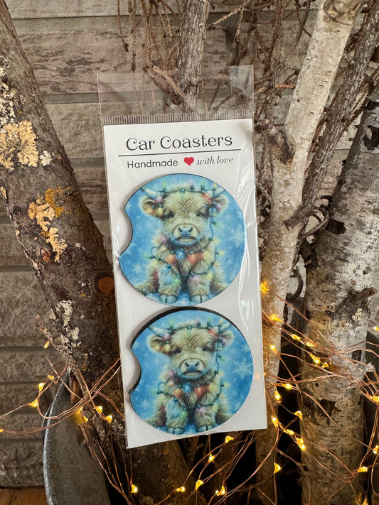 Christmas Highland Cow Car Coasters – Set of 2