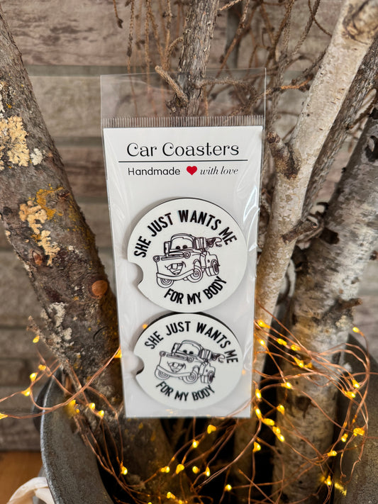 “She Just Wants Me for My Body” – Tow Truck Car Coasters (Set of 2)