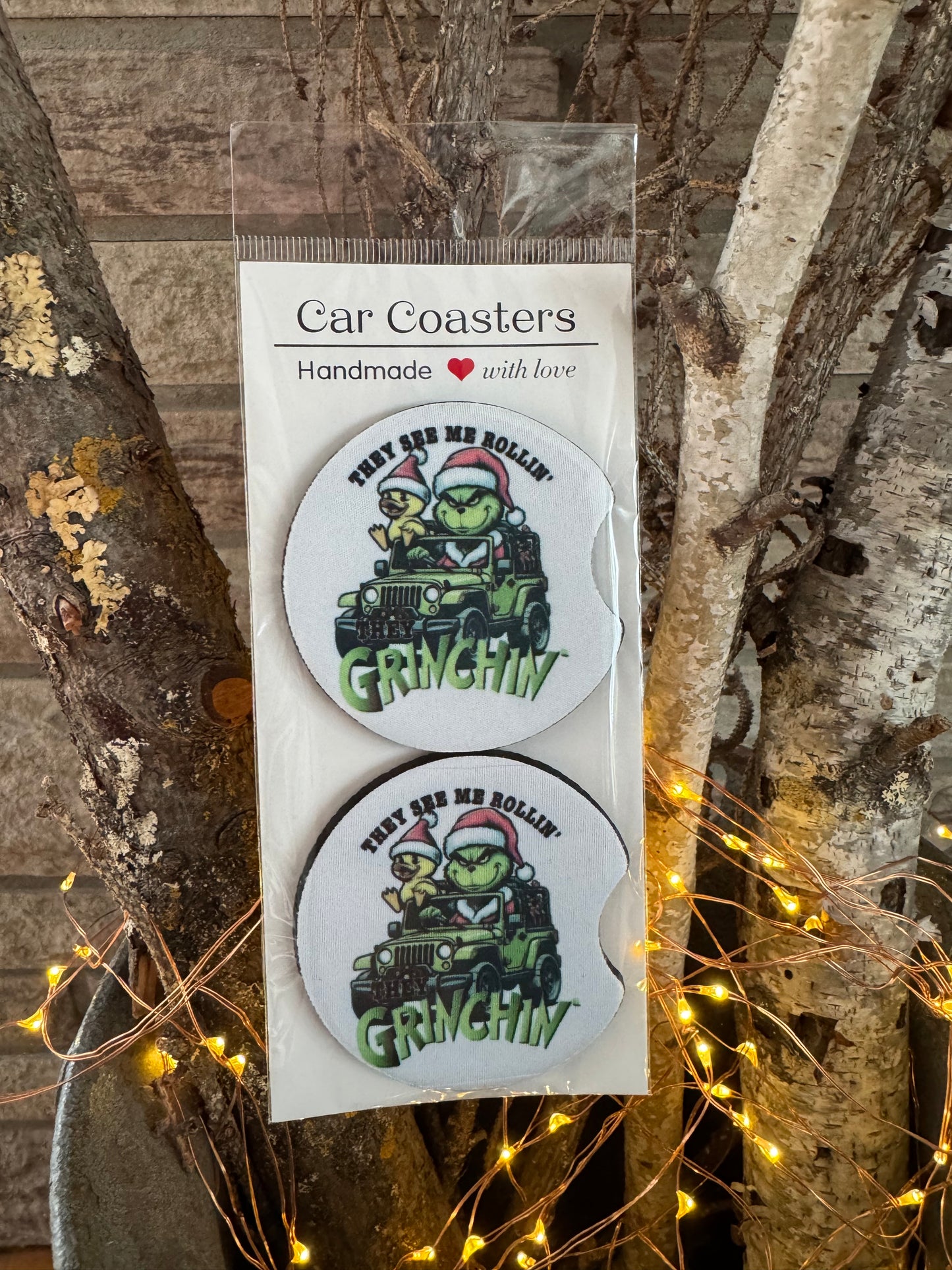“They See Me Rollin’ – Grinchin’” Christmas Car Coasters (Set of 2)