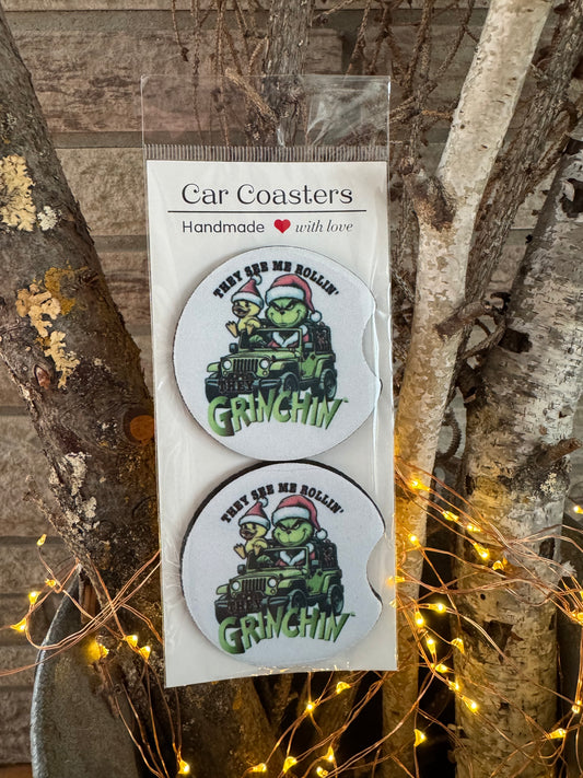 “They See Me Rollin’ – Grinchin’” Christmas Car Coasters (Set of 2)