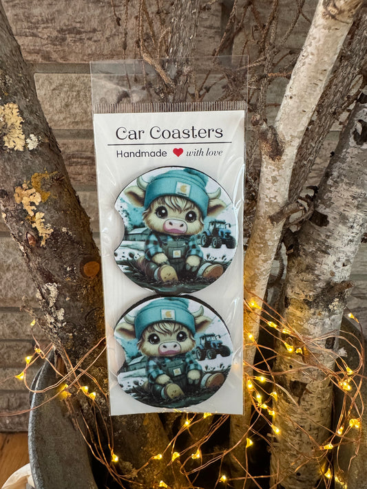 Highland Cow Farm Car Coasters – Set of 2