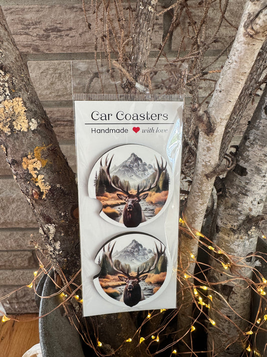 Majestic Elk Mountain Car Coasters – Set of 2