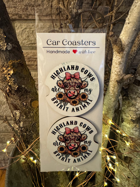 “Highland Cows Are My Spirit Animal” – Car Coasters (Set of 2)
