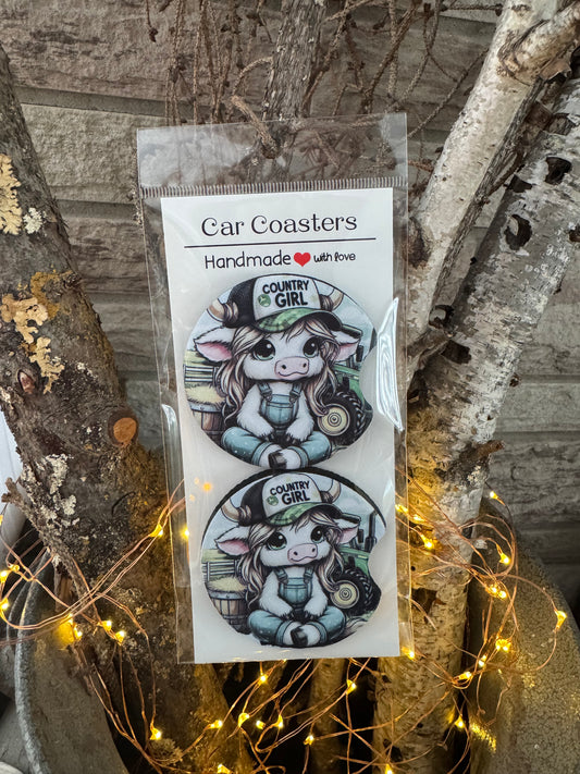 Country Girl Highland Cow Car Coasters – Set of 2